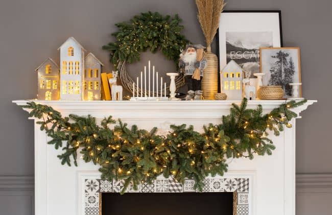 Fireplace decorated for Christmas.